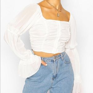 Women woven ruffle blouson sleeve blouse